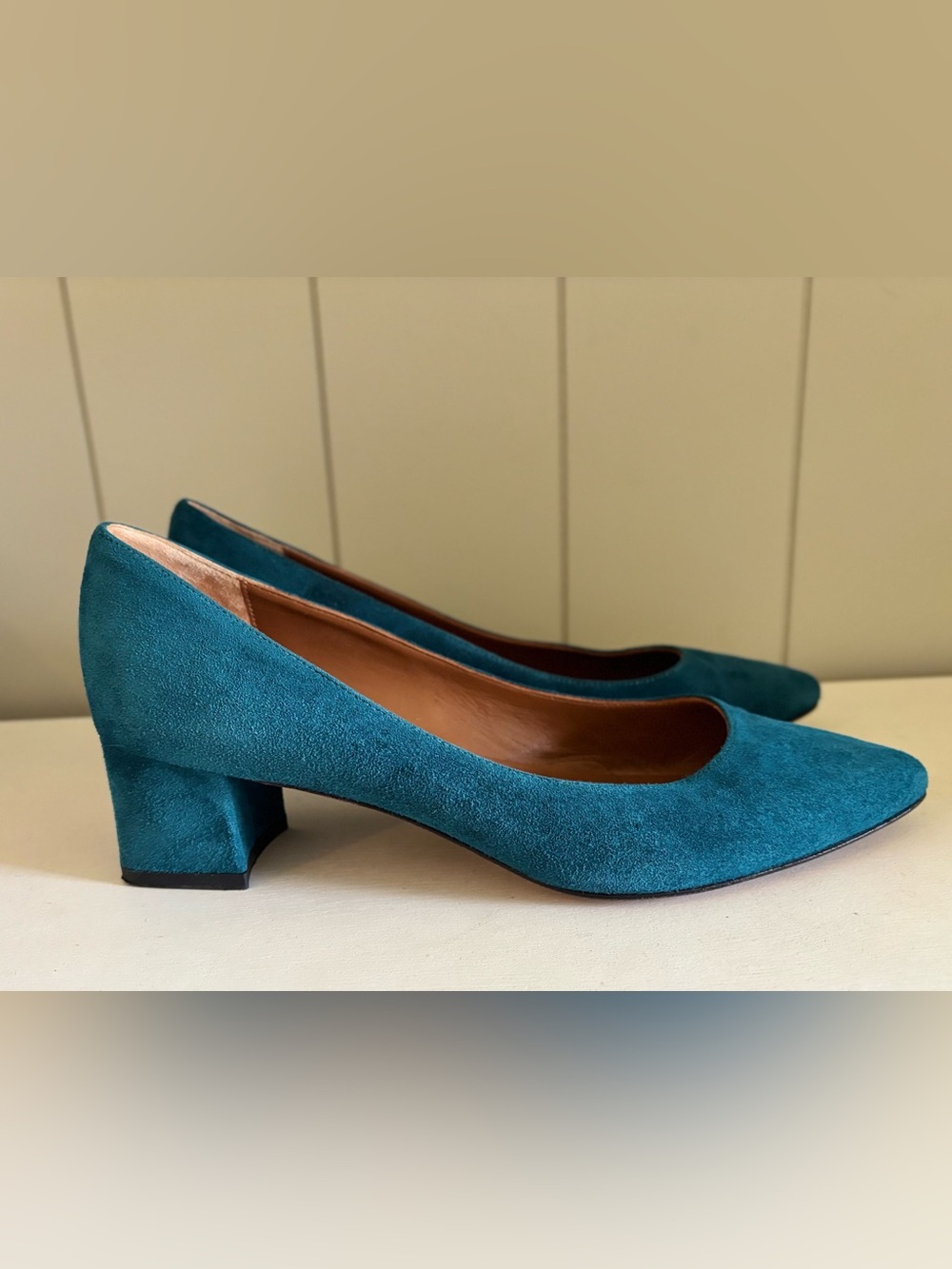 Aquatalia Teal Suede Block Heel Pumps | Size 7.5 | Made in Italy EUC